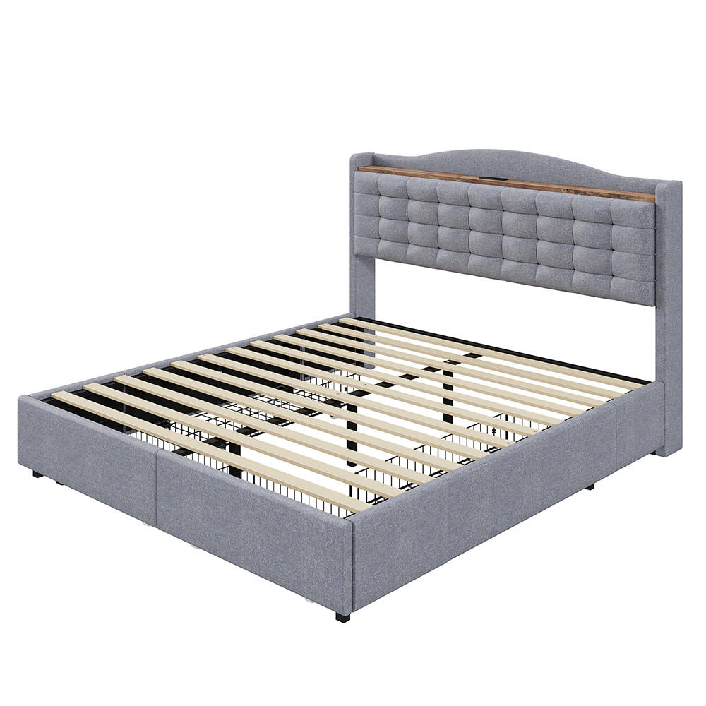 POLSTERBETT 140/200 cm in Grau Leinen mit USB-Ladeanschluss - Grau, Holz/Textil (140/200cm) - KOMHTOM