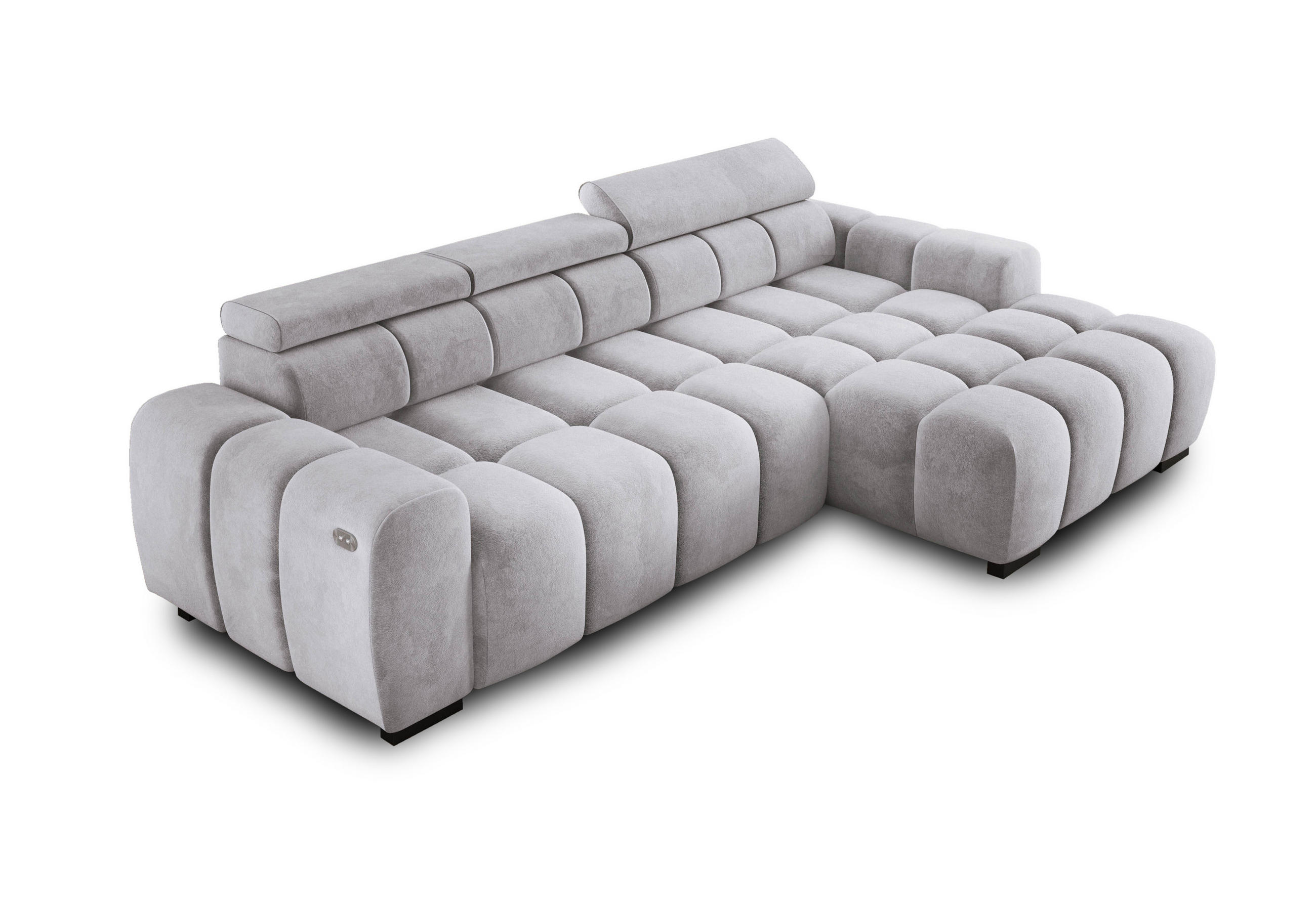 ECKSOFA OMBO 285x168x77/97 cm, Rechts, Schlaffunktion, elektr. Sitz, Kopfstützen, Buche dunkel, hydrophober SALVADOR-Stoff – Esche - Hellgrau, Holz/Textil (285/168cm) - DomoHome