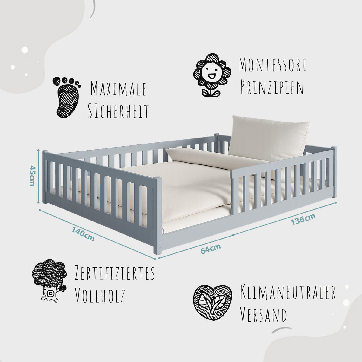 BODENBETT 140x200 cm in Aschgrau mit Matratze - Hellgrau, Holz (140/200cm) - Kids Collective