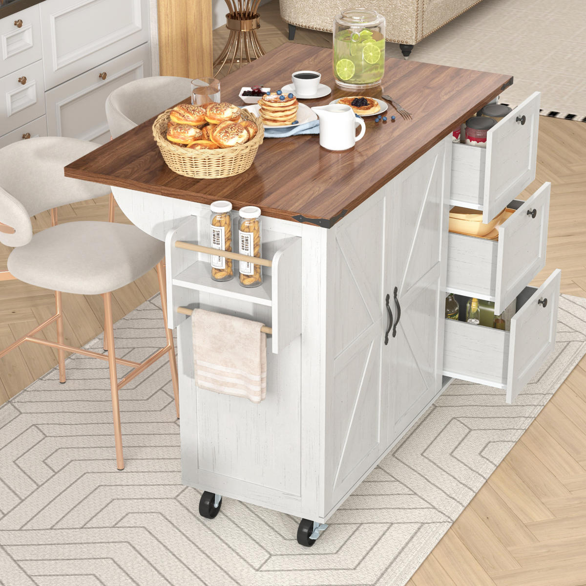 KÜCHENINSEL 140/45/92,5 cm beige mit klappbarer Arbeitsplatte - Weiß, Holzwerkstoff (140/92.5/73cm) - OKWISH