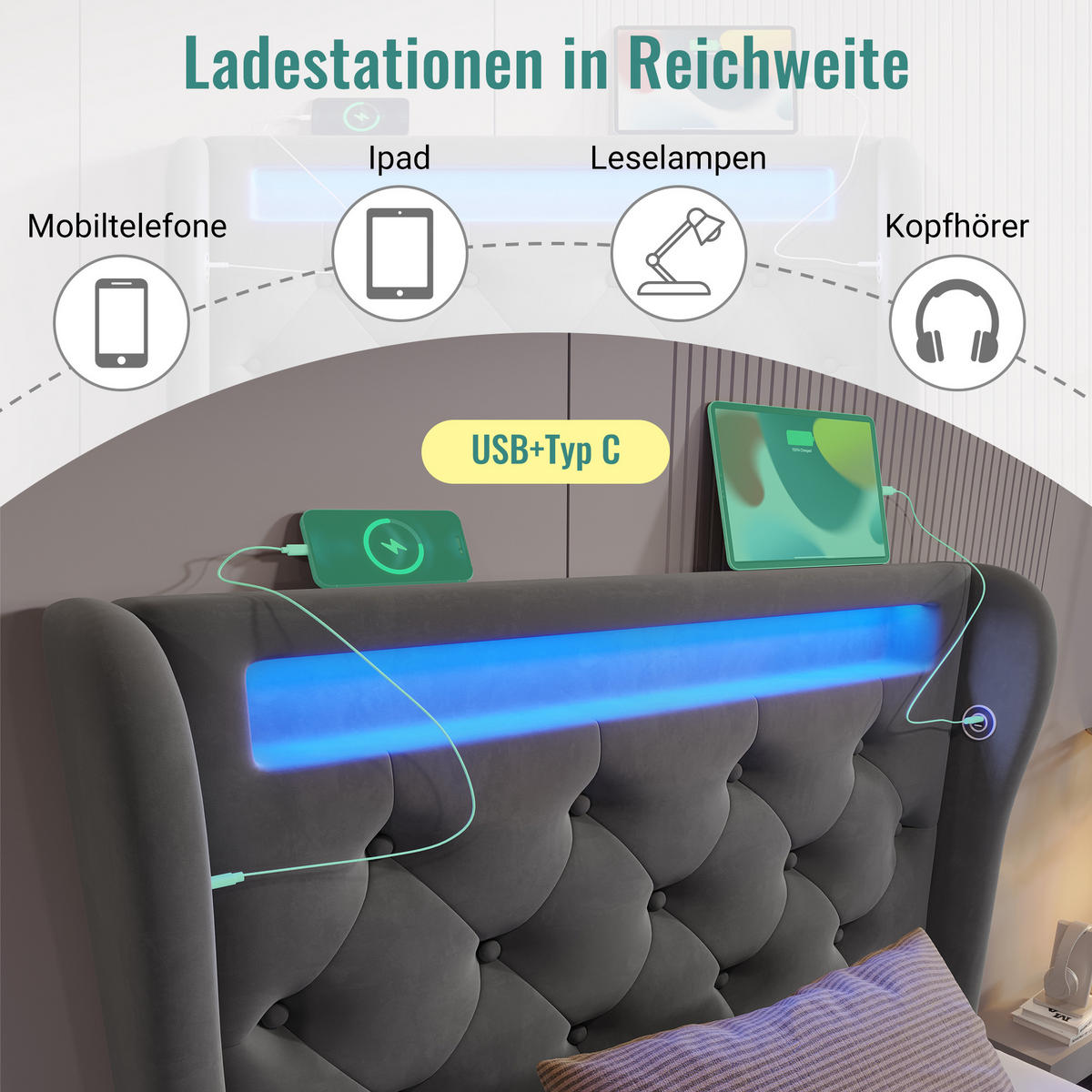 POLSTERBETT 90x200cm Einzelbett LED USB-C & Hydraulik Grau Samt - Grau, Holz (90/200cm) - FLIEKS