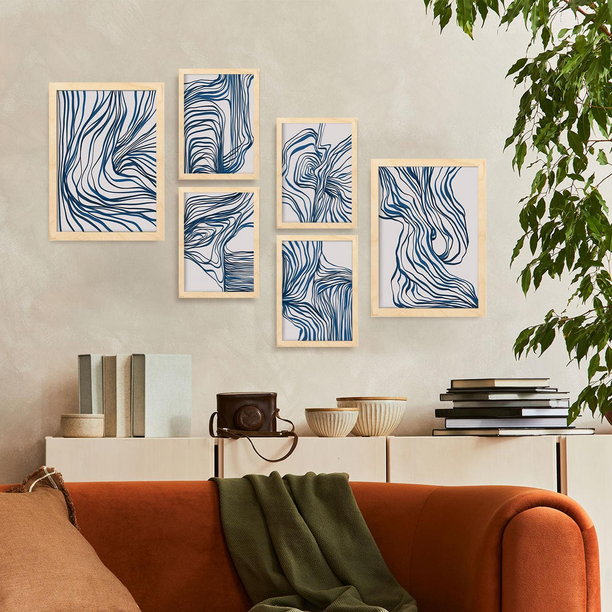POSTER Set Mit 6 Bezaubernde Schnur In Form Abstracts Ästhetische Dekorative Gemälde Für Ihr Wohnzimmer Zuhause A3 & A4 Rahmen Aus Hellem Holz - Beige, Papier (29/3cm) - Nacnic