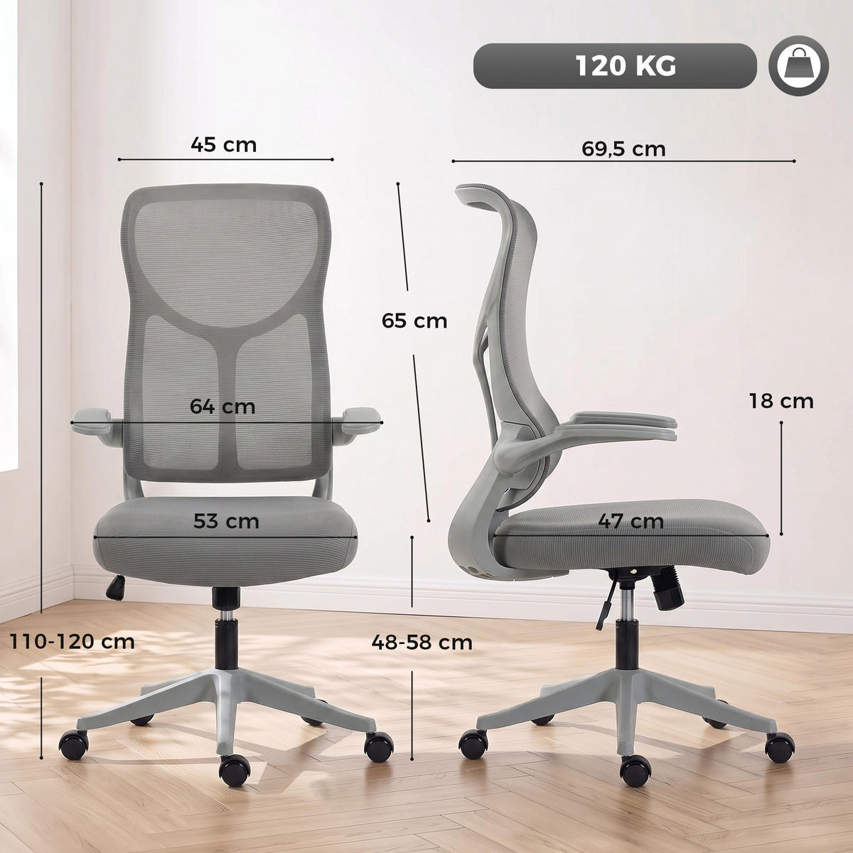 BÜROSTUHL Sperrholz Polypropylen Grau - Grau, Kunststoff/Textil (69.5/120/64cm) - HOMCOM