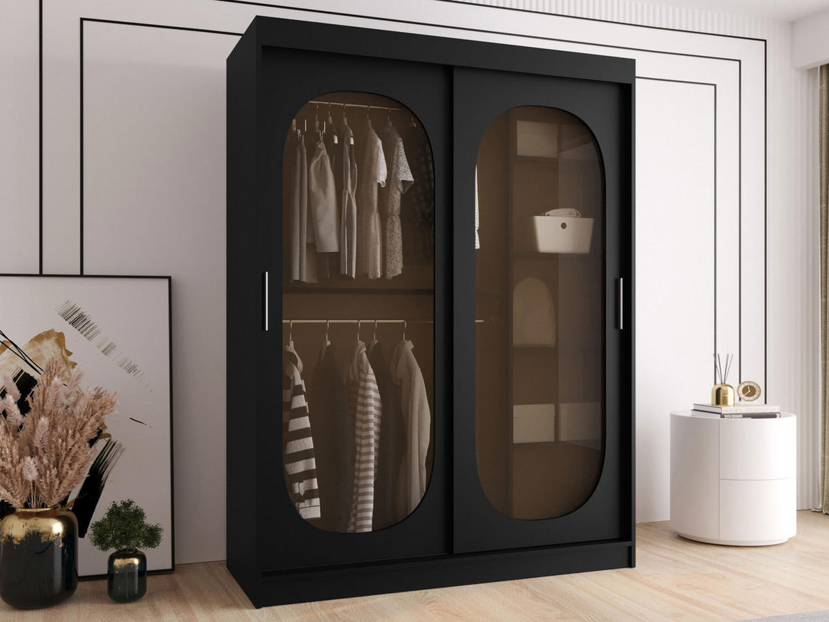 SCHWEBETÜRENSCHRANK Bahrajn 150 - Silberfarben/Schwarz, Holzwerkstoff/Kunststoff (150/200/62cm) - MIRJAN24