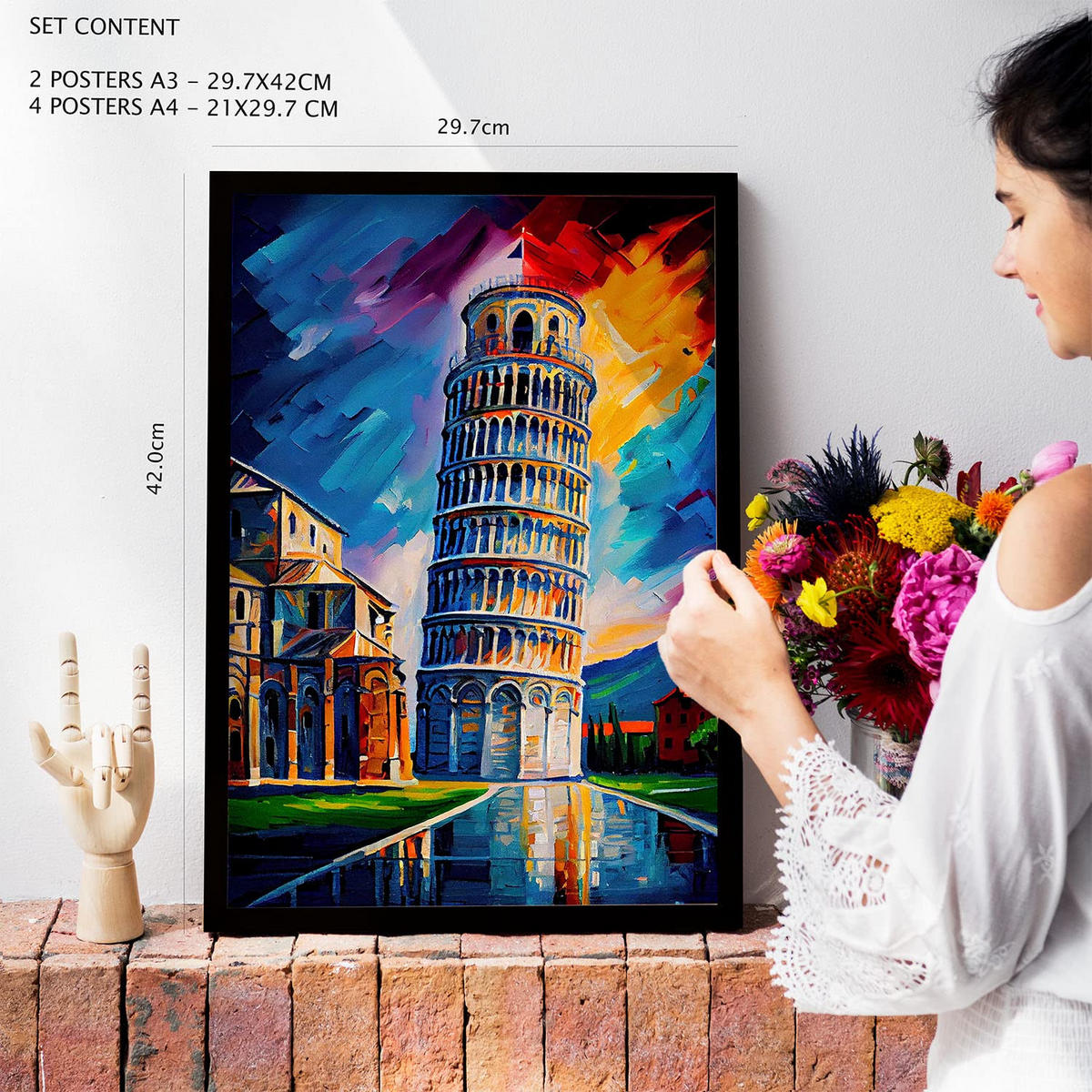 POSTER Set Mit 6 Orange Im Ölgemälde Stil A3 & A4 Rahmen Aus Hellem Holz - Beige, Papier (29/3cm) - Nacnic