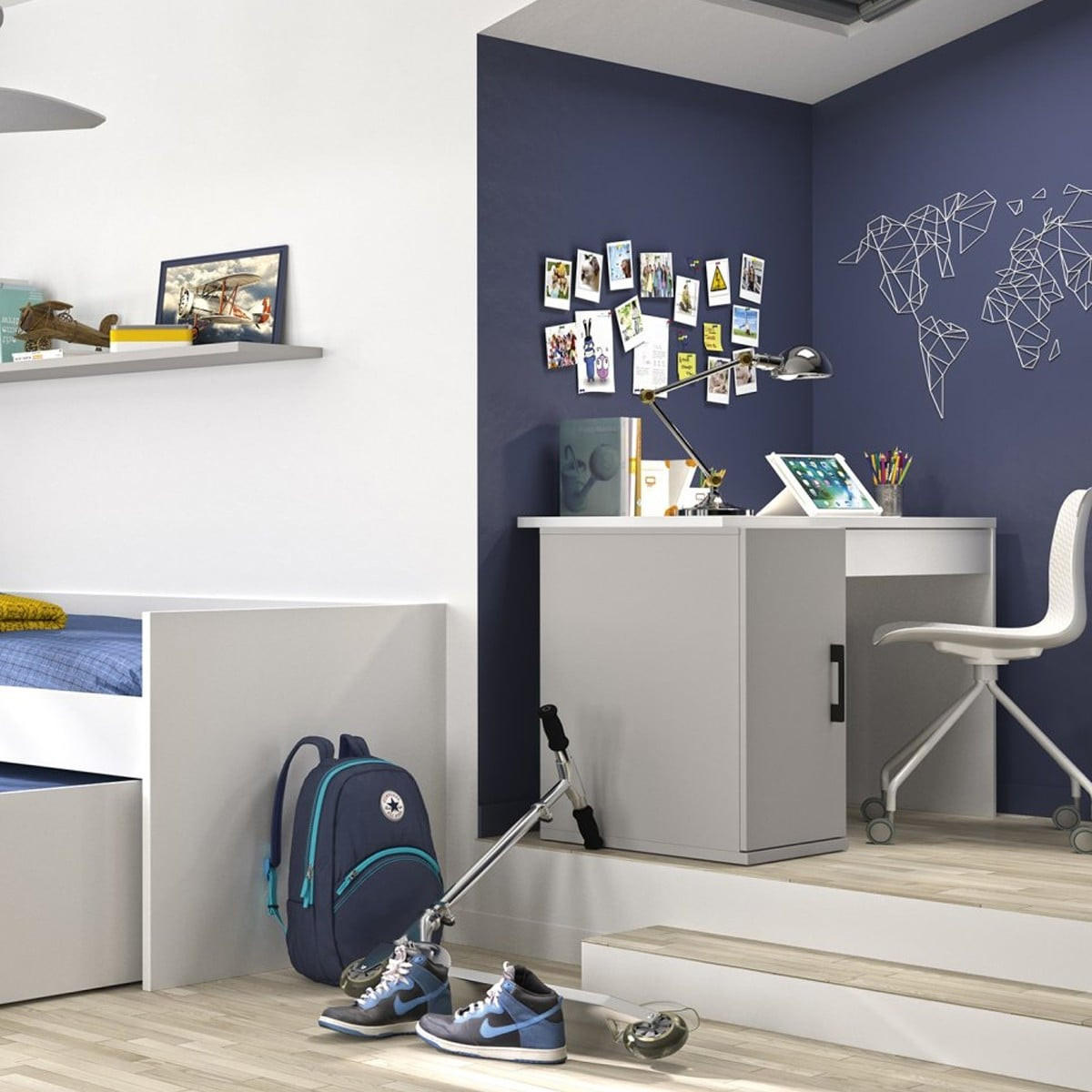 SCHREIBTISCH Ugo in Grau mit Aufbewahrungsschrank und Schublade - Französische Herstellung - 126/90/76 cm - Grau, Holzwerkstoff (126/90/76cm) - Calicosy