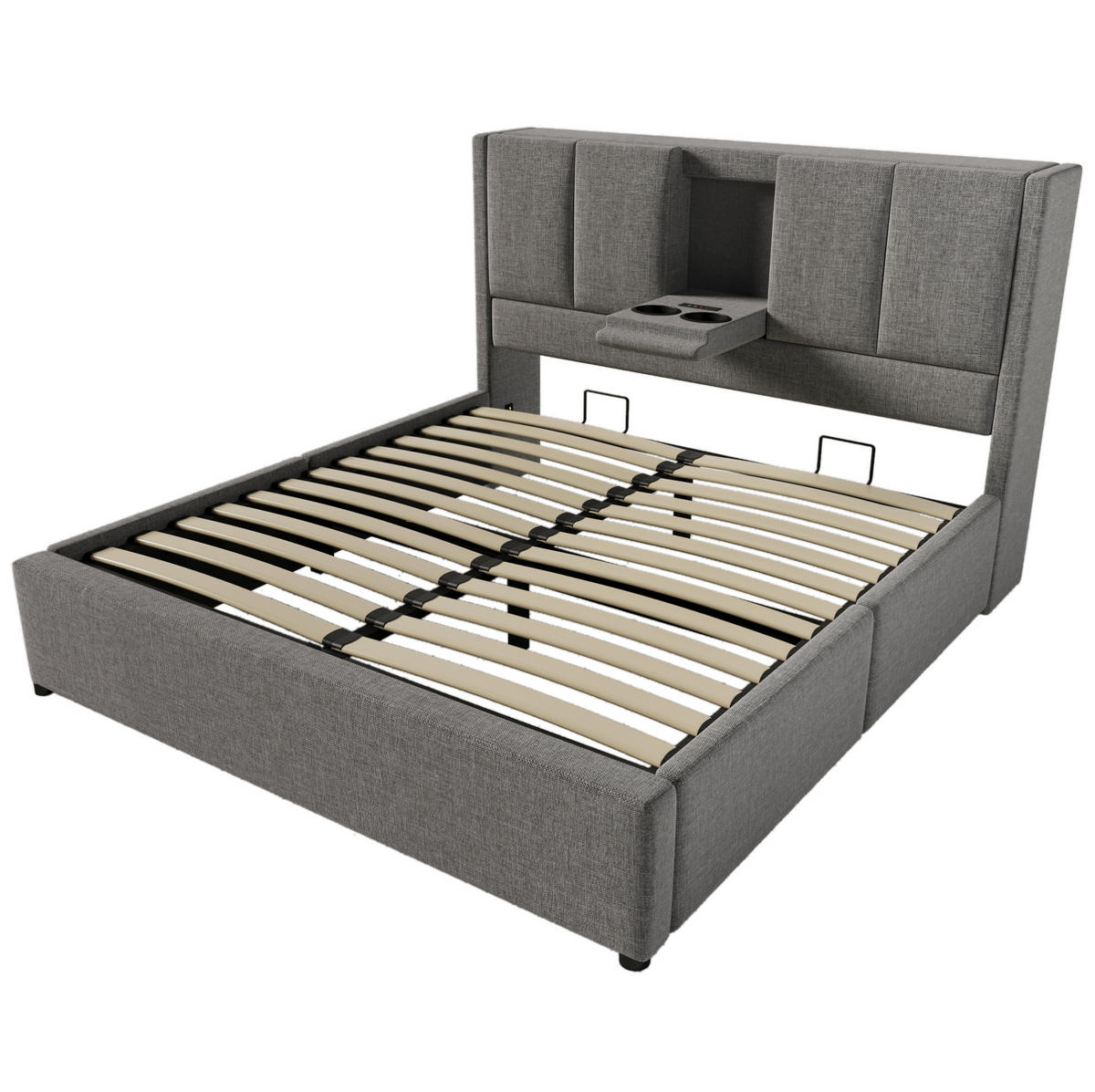POLSTERBETT 140/200 cm mit verstecktem Becherhalter, USB-Ladestation und hydraulischem Stauraum, Grau - Grau, Textil (140/200cm) - Redom