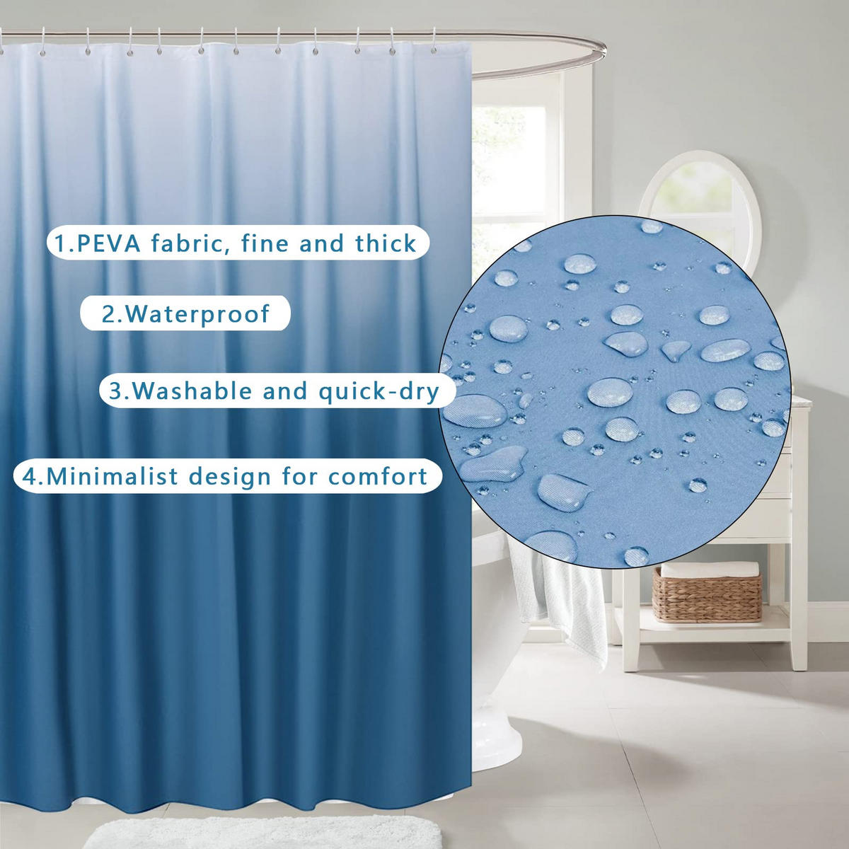 DUSCHVORHANG Dunkelblau PEVA wasserdicht waschbar mit Haken Badezimmer - Blau, Kunststoff (180/180cm) - MCBOSON
