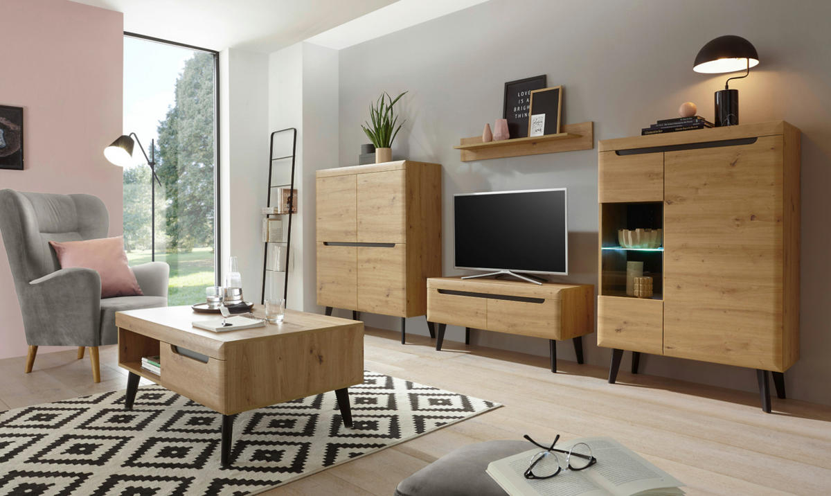 WOHNWAND 4-teilig Eiche Artisan, schwarz 344 cm, Schrankwand skandinavisch - Schwarz/Eiche Artisan, Glas/Holz (344/170/40cm) - Furn.Design