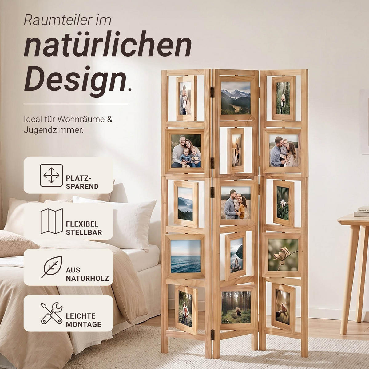 PARAVENT 3-tlg. 93/161 cm Hellbraun Fotowand - Hellbraun, Holz (93/160/2cm) - Homestyle4u