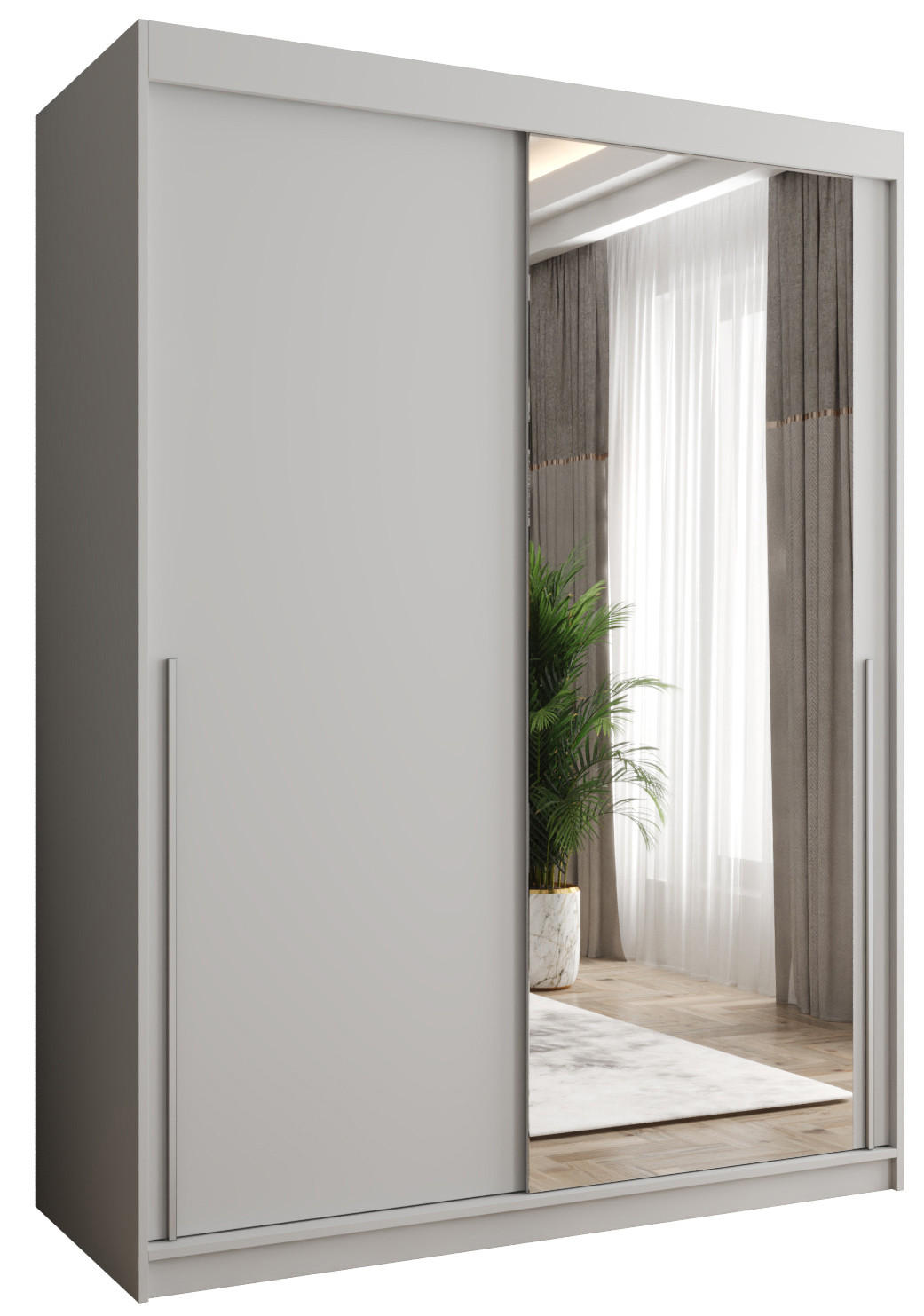 SCHIEBETÜRENSCHRANK mit Spiegel 150 cm Breite, Weiß mit silbernem Griff - Silberfarben/Weiß, Holzwerkstoff (250/200/62cm) - Home Collective
