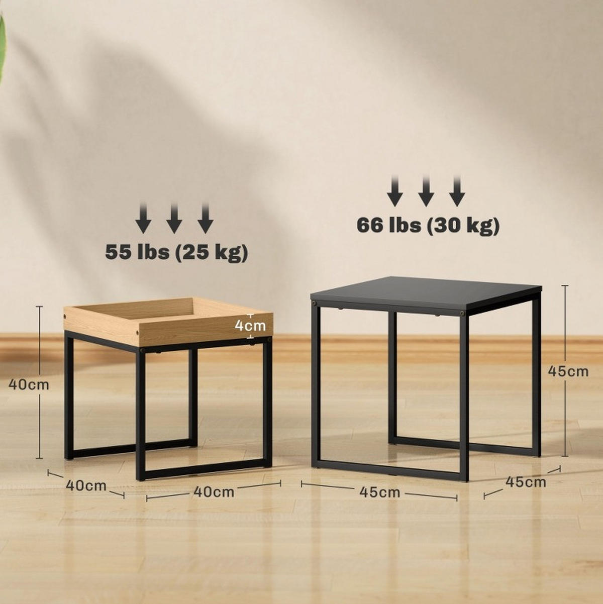 COUCHTISCH 2er-Set 45/45/45 cm & 40/40/40 cm mit Tablett, Schwarz - Schwarz, Metall (45/45/45cm) - Flora Grace