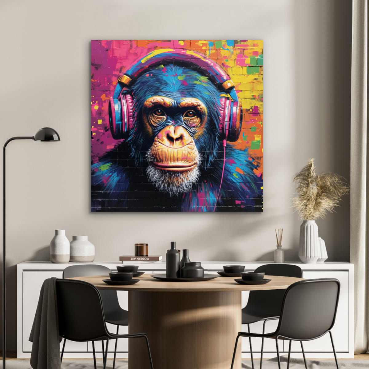 KOVOVÝ OBRAZ Graffiti - Šimpanz - Street art - Slúchadlá - Opica 90x90 cm - modrá, kov (90/90cm) - MuchoWow