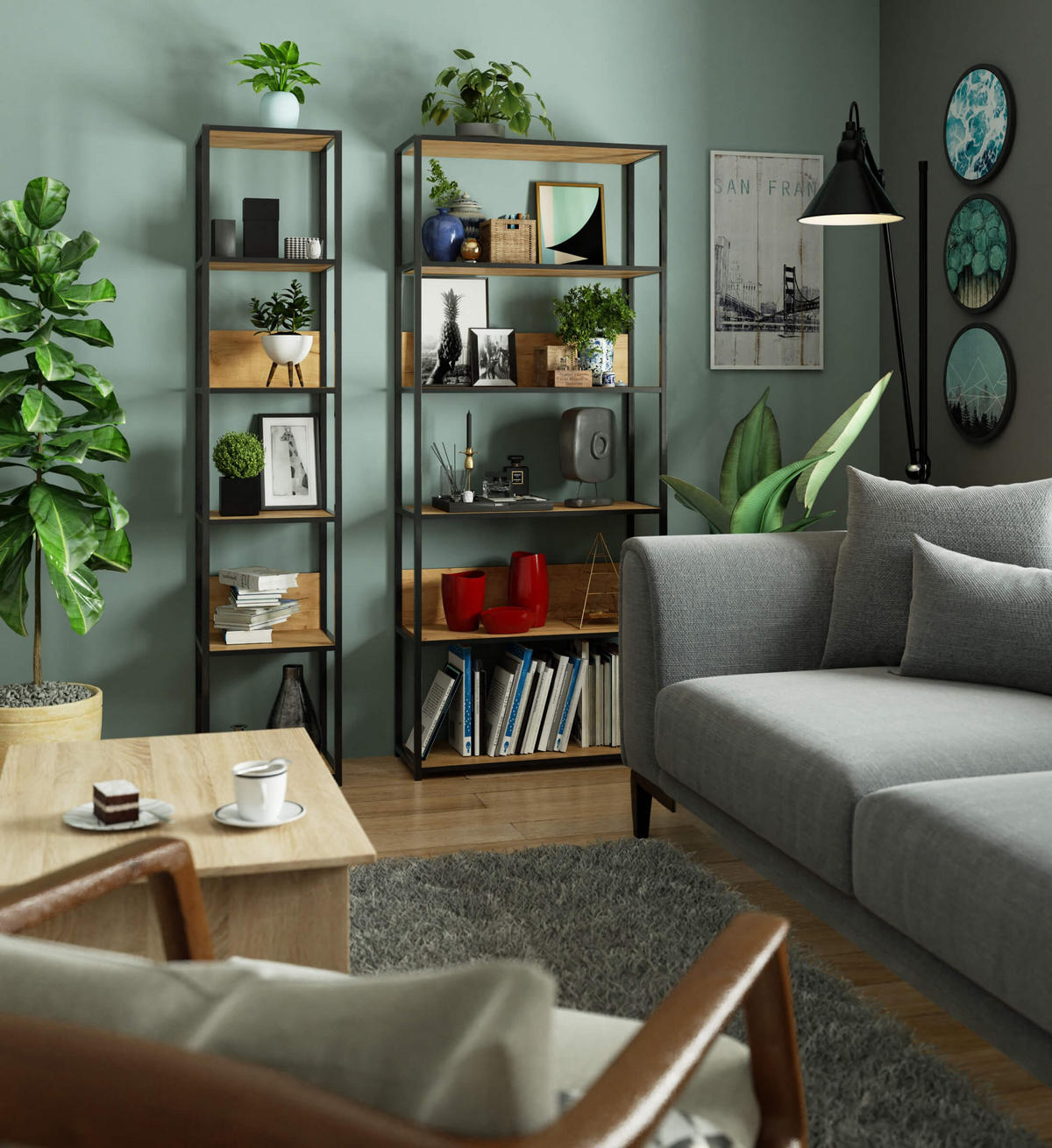 LOFT-REGAL Schwarz, Eichefarben 80x192x32 cm - Eichefarben/Schwarz, Holzwerkstoff/Metall (80/192/32cm) - Akord