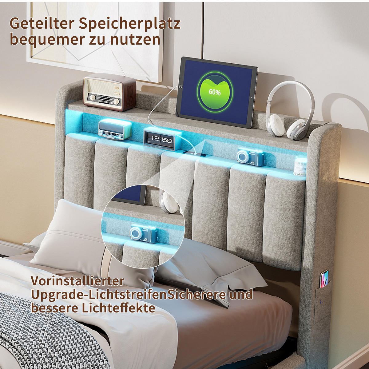 STAURAUMBETT 90/200 cm, mit LED-Beleuchtung, Kopfteil mit Stauraum, Regalen, Lattenrost aus Holz, Metallrahmen, gepolstertes Veloursbett, Grau - Grau, Textil (90/200cm) - Waldena