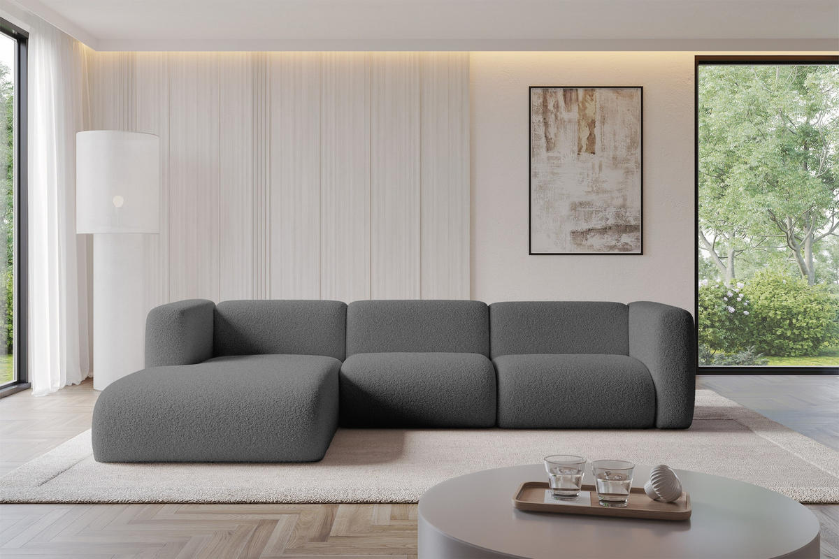 ECKSOFA Ottomane Links MIRA-L2 318x179x89 Grau Bouclé - Platinfarben/Schwarz, Holzwerkstoff/Kunststoff (318/179cm) - ALTDECOR