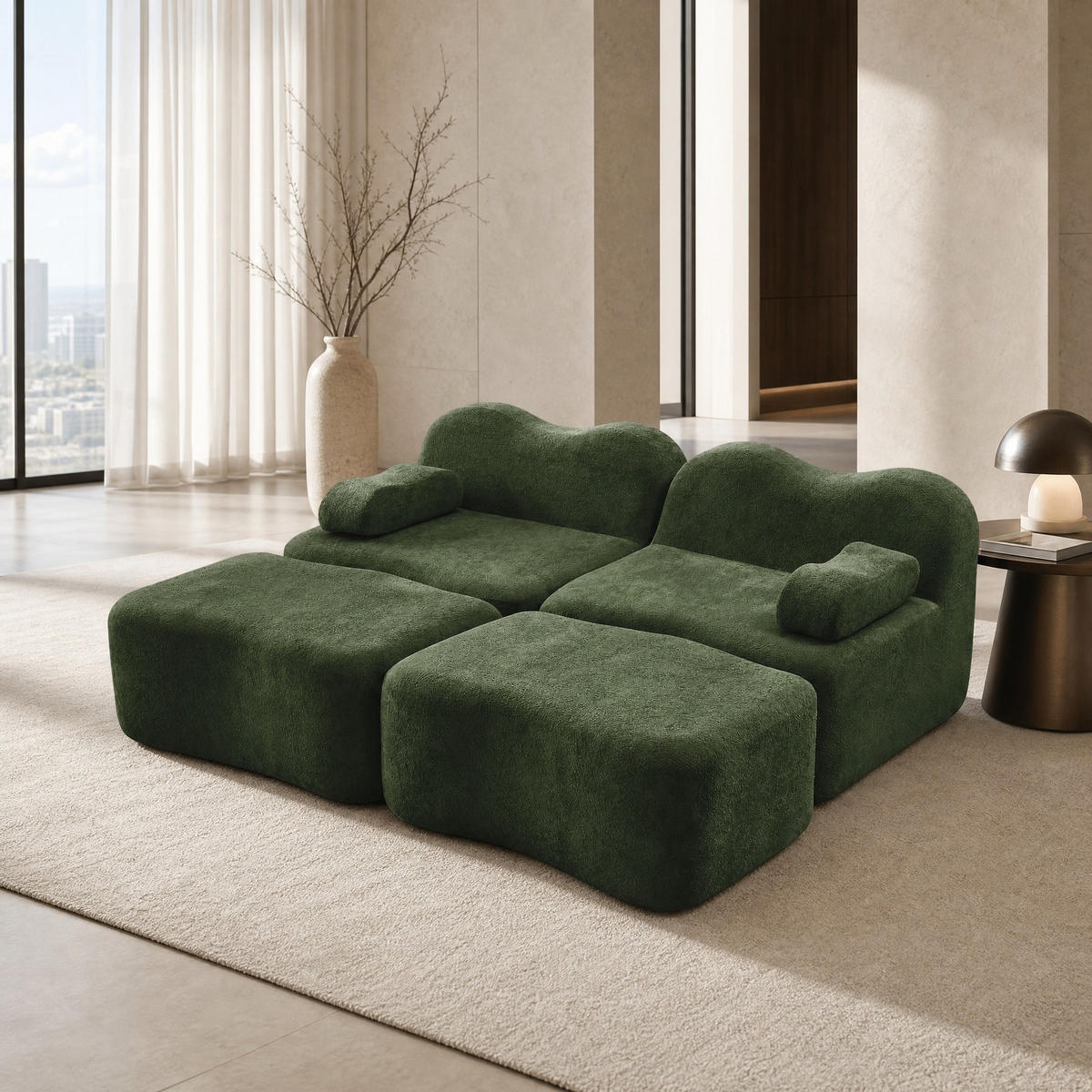 SOFA 192/167/70 cm in Grün aus Samt mit Ottomans - Grün, Textil (167/70/192cm) - Flora Grace