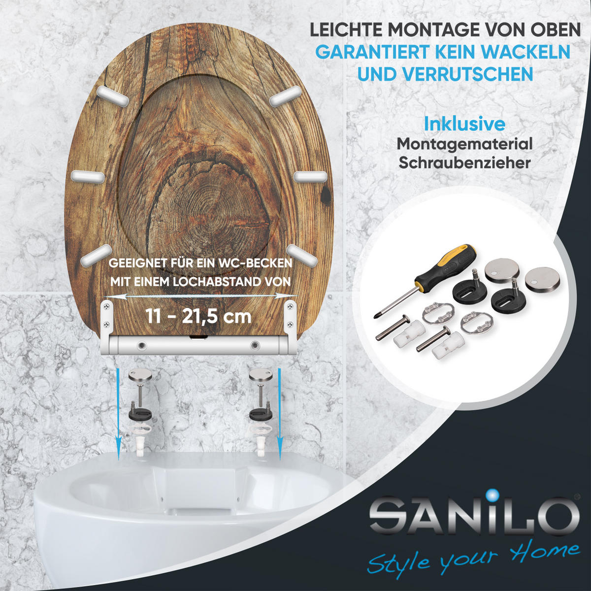 WC-SITZ mit Absenkautomatik & Top Fix Rustikal - Braun, Holzwerkstoff (37.7/5.5/48cm) - Sanilo