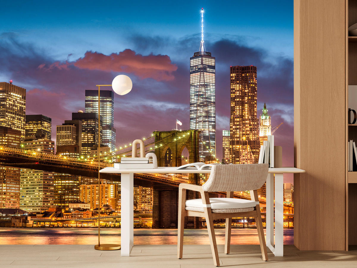 FOTOTAPETE für Wohnzimmer New York Nacht Brooklyn Bridge Wolkenkratzer 300x210 - Blau/Gelb, Papier (300/210cm) - Muralo