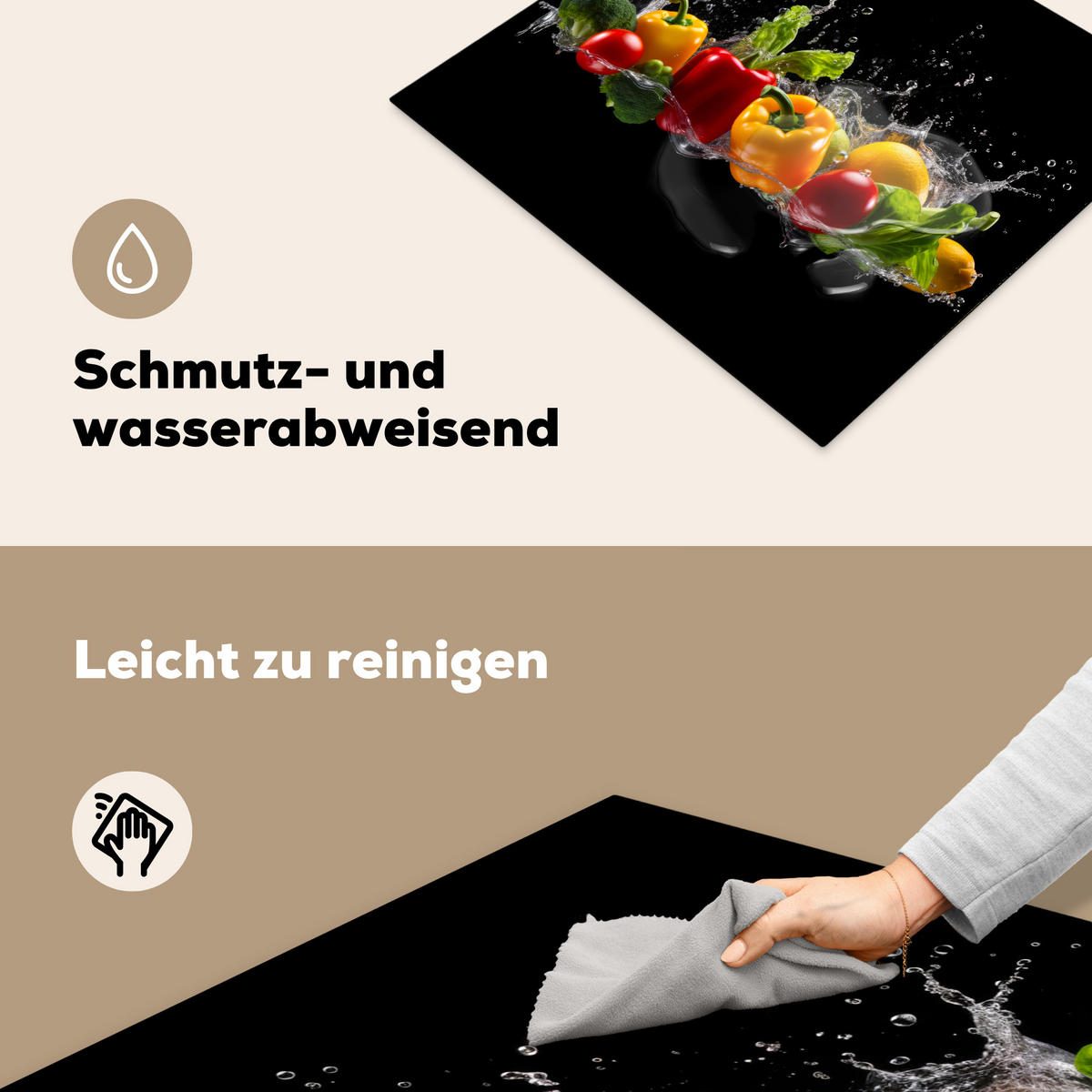 HERDABDECKPLATTE Paprika - Wasser - Gemüse - Schwarz 60x52 cm - Multicolor, Kunststoff (60/0.2/52cm) - MuchoWow
