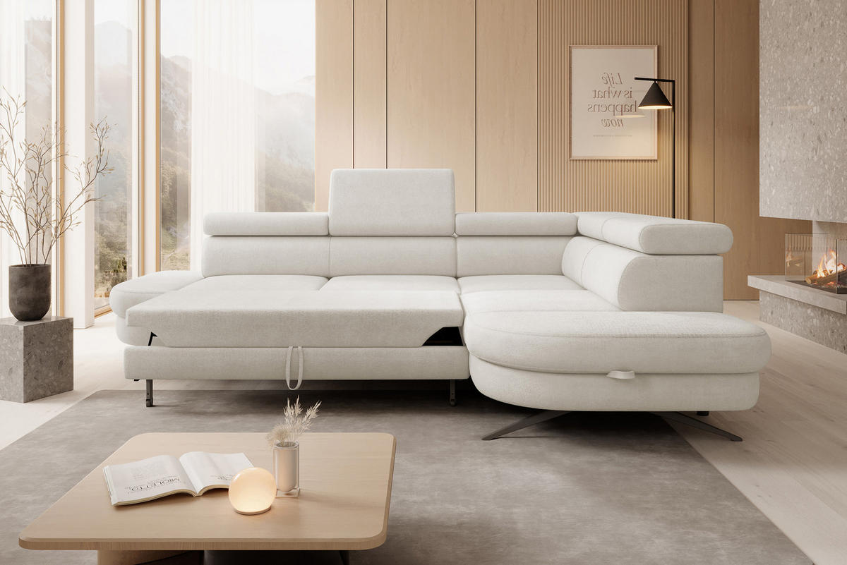ECKSOFA OTIS L-förm, Schlaffunktion, verstellbare Kopfstützen, in AURORA-Stoff, lose Rückenkissen, freistehend, RECHTS 276x218x97 cm White - Weiß, Holz/Textil (276/218cm) - DomoHome