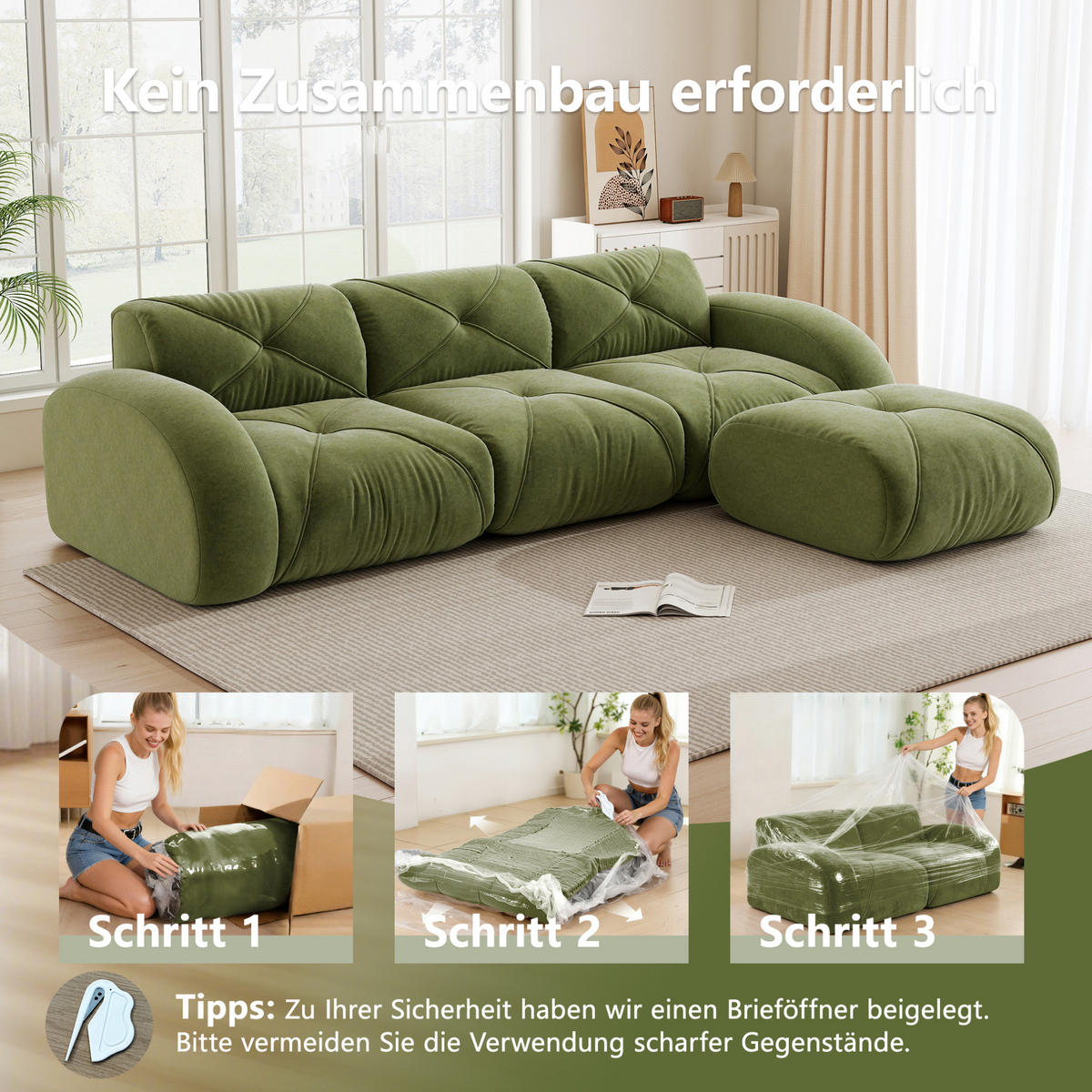 ECKSOFA aus Chenille Grün mit flexiblem Modulsystem und wolkenweichem Sitzkomfort - Grün, Textil (281/171cm) - Modfu