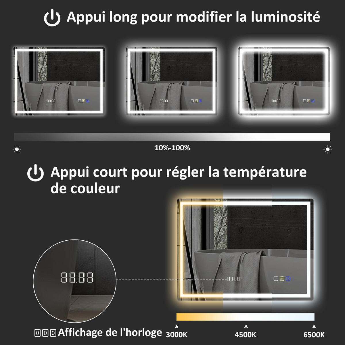 BADSPIEGEL -LEDmit Bluetooth, Touch-Schalter, Antibeschlag, 60 x 80 cm , silber - Silberfarben, Glas (80/60/3.5cm) - Vallsero