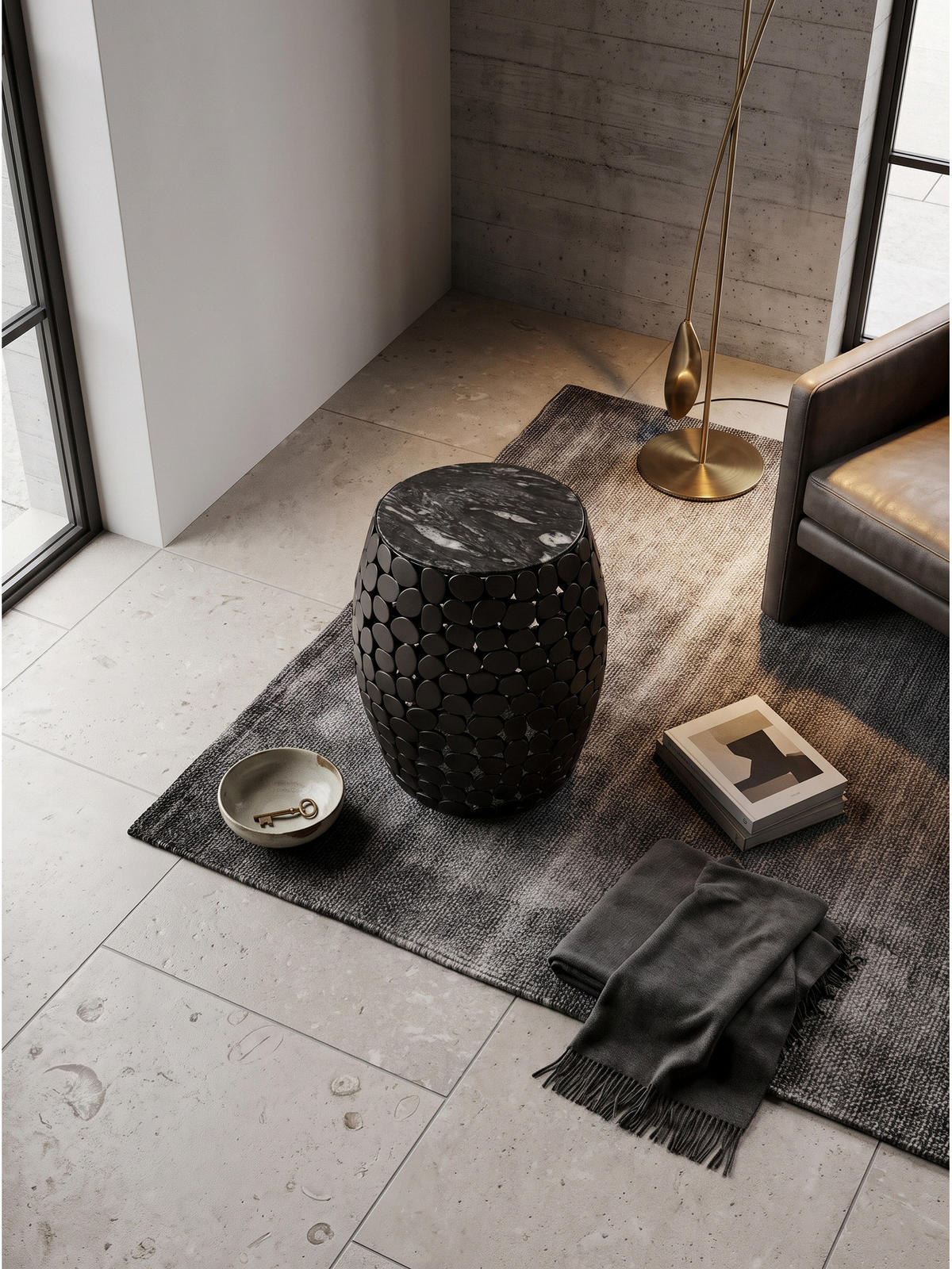BEISTELLTISCH DIEMEL, Marmor, handgefertigt, Schwarz, Ø 40 x 46 cm - Schwarz, Stein/Metall (40/40/46cm) - KADIMA DESIGN