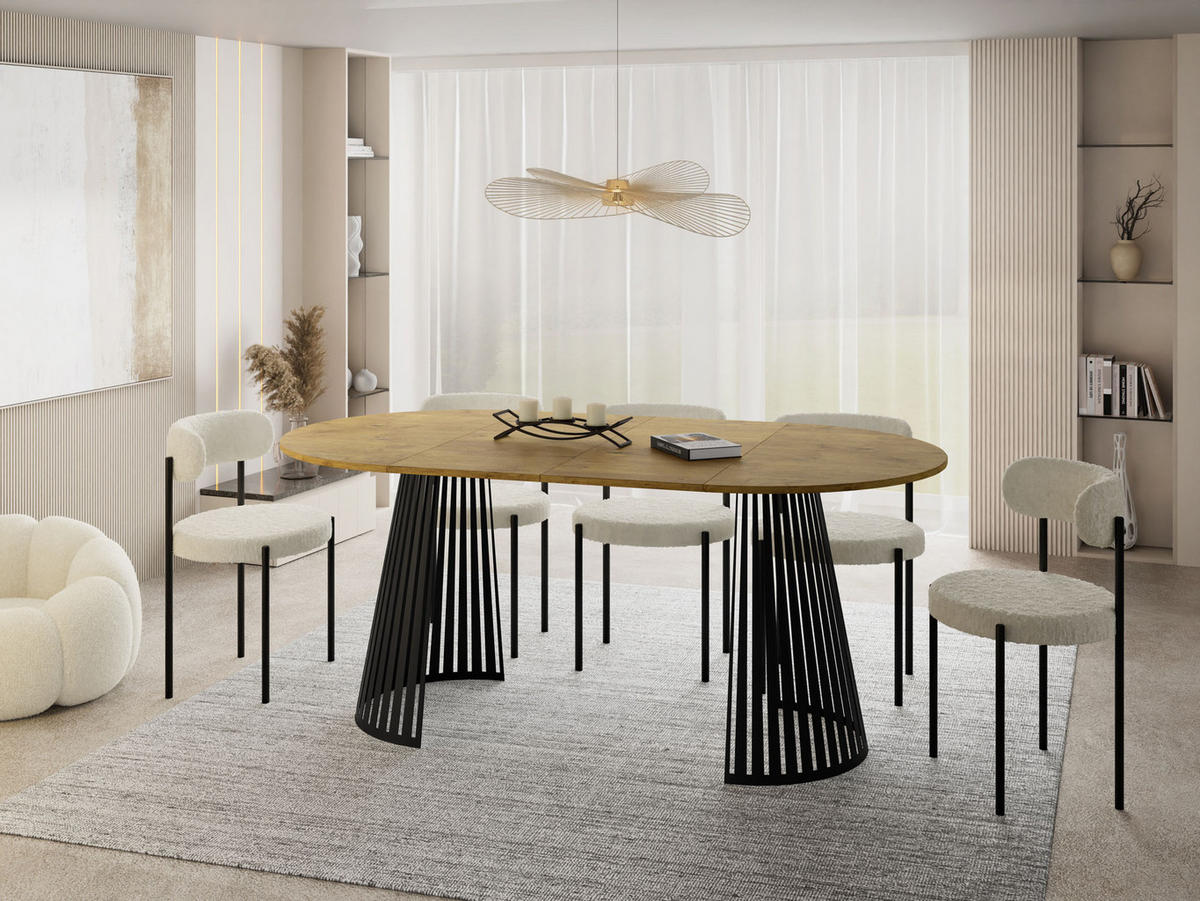 ESSTISCH Naro rund ausziehbar mit Schwarzem Lamellen-Metallgestell, Braun 120-200/120/76 cm - Eichefarben/Schwarz, Holzwerkstoff/Metall (120/120/76cm) - WFL GROUP