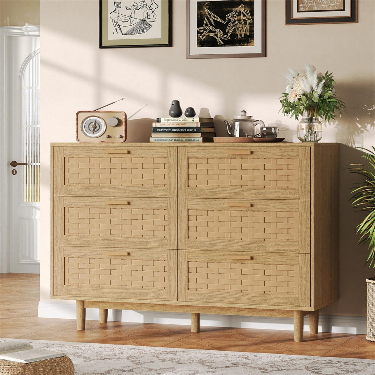 KOMMODE mit 6 Schubladen - natürliche Geflecht-Optik und runde Holzbeine - Eiche-Optik - Eichefarben, Holzwerkstoff (115/80/40cm) - DELFA