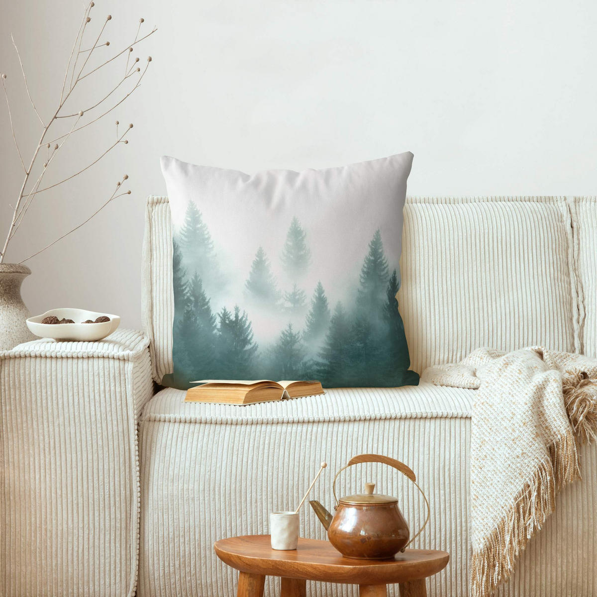 KISSENBEZUG Nadelwald im Nebel 40/40 cm - Eichefarben, Textil (40/40cm) - Bilderwelten