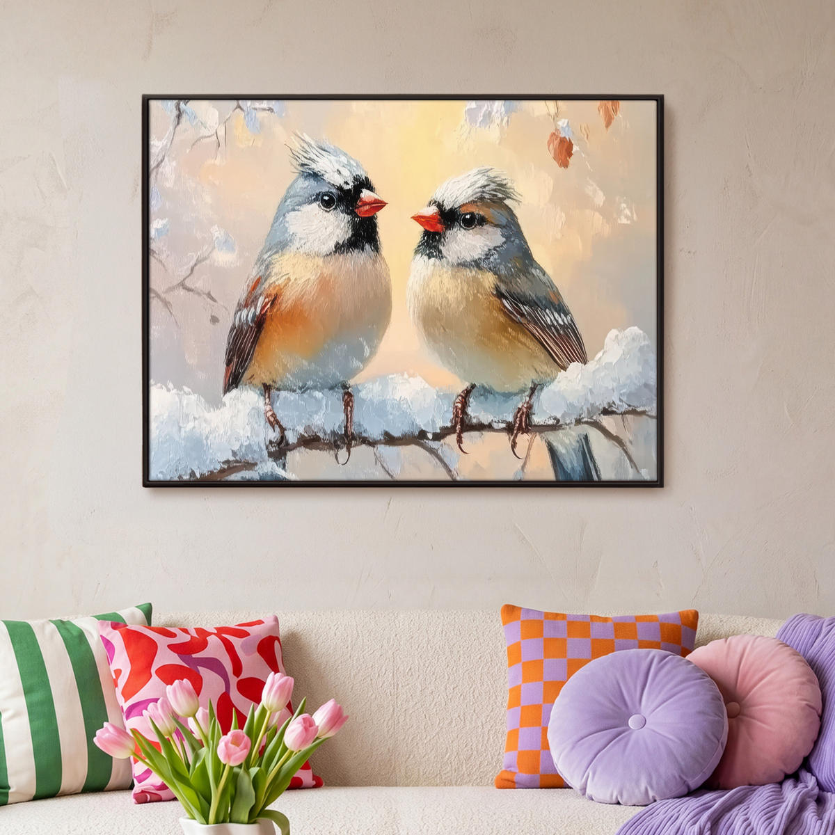 LEINWAND Bilder mit Rahmen - Vögel - Zweig - Winter - Schnee - 100x70 - Pastellblau, Textil (100/70cm) - MuchoWow