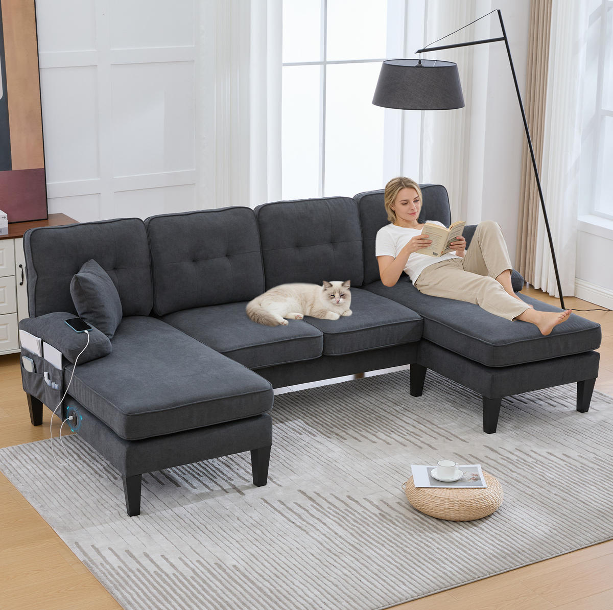WOHNLANDSCHAFT aus Leinenstoff 250x130x88 cm in Dunkelgrau mit USB/Type-C - Dunkelgrau, Textil (130/88/250cm) - Modfu