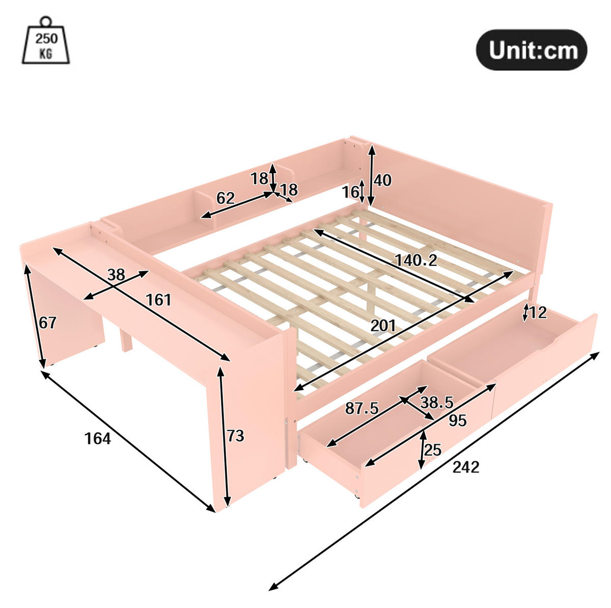 BETT 140/200 cm mit Schreibtisch, 2 Schubladen und 3 Regalen aus Kiefern und Spanplatte, Weiß/Rosa - Rosa, Holzwerkstoff (140/200cm) - Redom