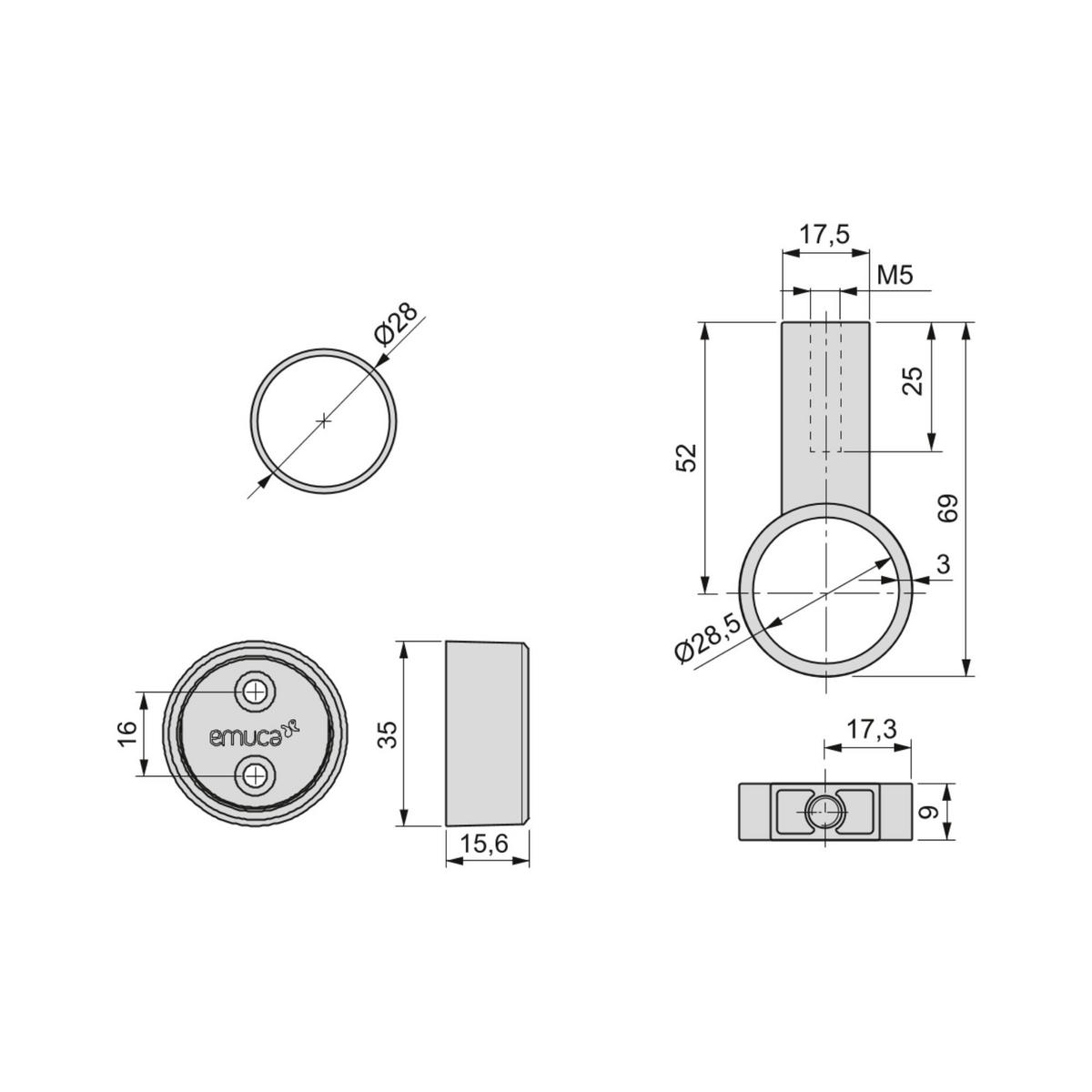 KORPUSSCHIENEN Runde, D.28mm, Länge 1,15m mit Halterungen, Aluminium und Zamak, Matt eloxiert 2er-set - Dunkelgrau, Metall (5.5/10/120cm) - EMUCA