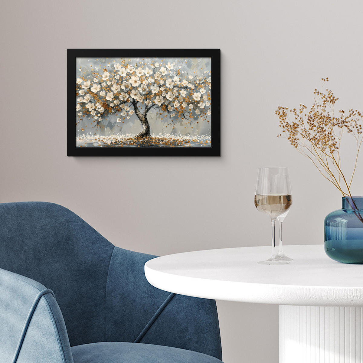 POSTER MIT RAHMEN Baum - Blumen - Weiß - Natur - Kunst 30x20 cm - Weiß, Papier (30/20cm) - MuchoWow