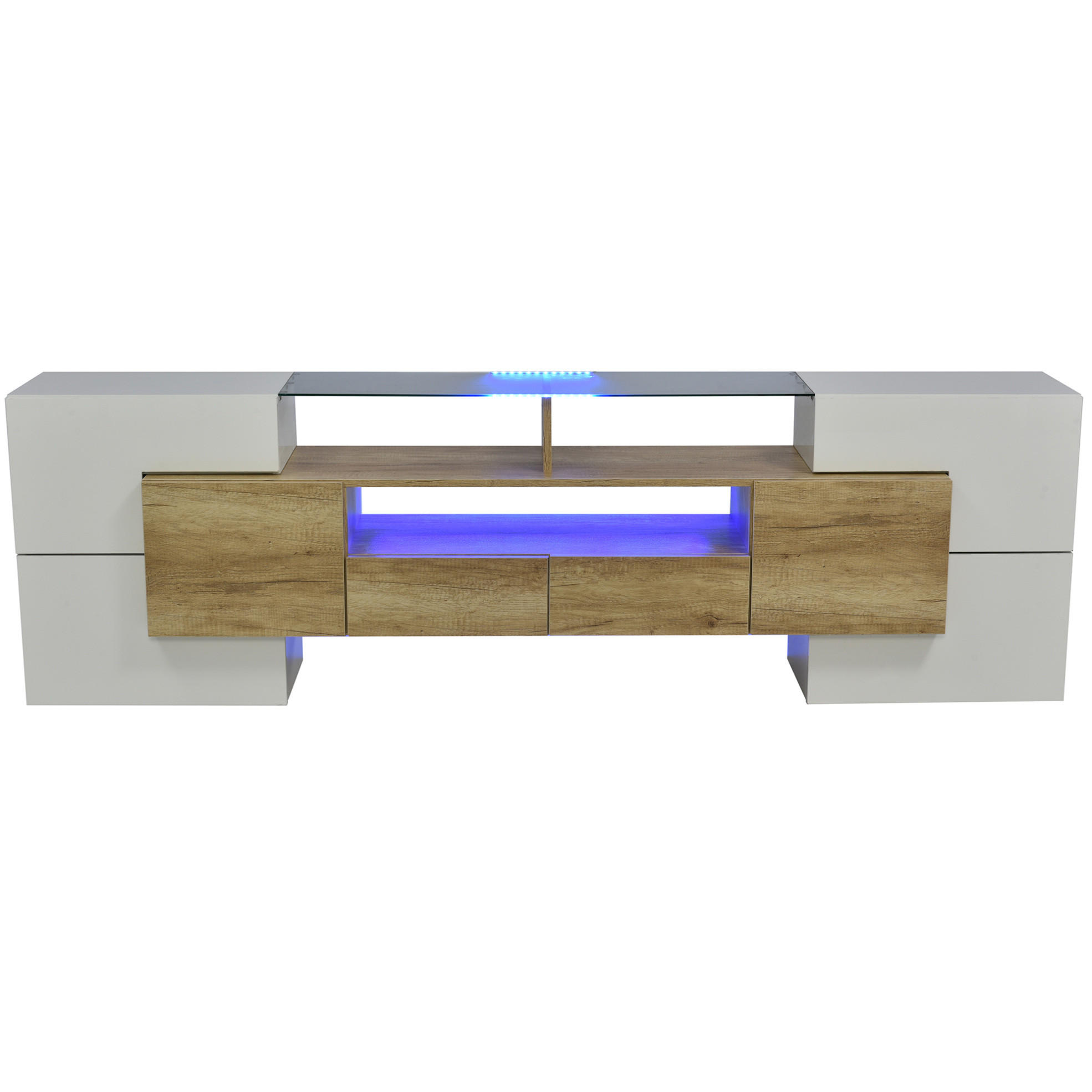 OKWISH TV stolek 200/35/60 cm bílá a přírodní z MDF s LED osvětlením a úložným prostorem