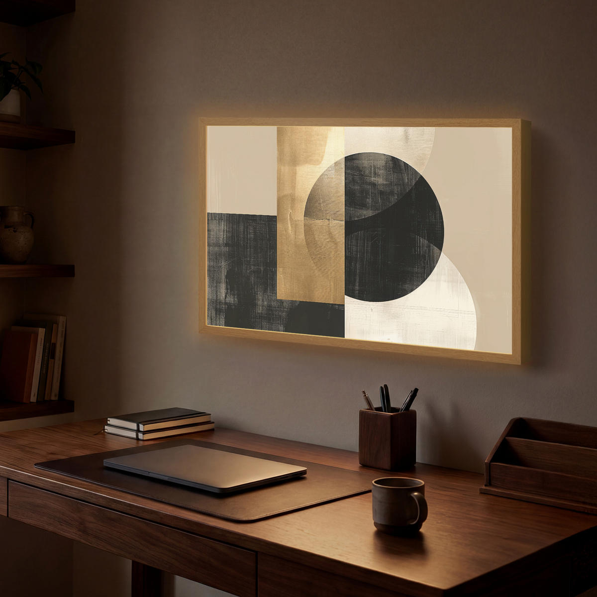 NÁSTĚNNÁ LAMPA S AKUMULÁTOREM Abstraktní - Moderní - Černá - Zlatá 60x40 cm - písková barva, kompozitní dřevo (60/40/8cm) - OnlyWow