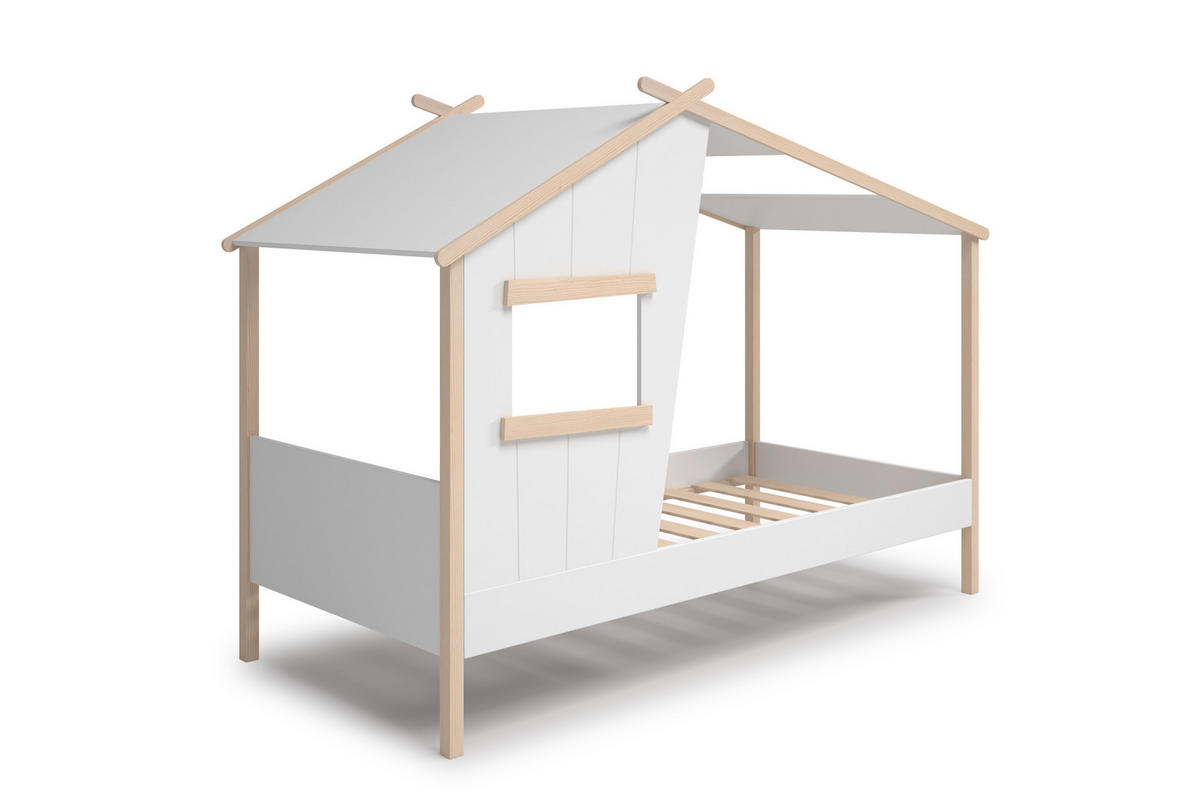 HÜTTENBETT mit schrägem Dach und verspieltem Fenster 90x190 cm 103/215,4/158.5 cm - Weiß, Holz (190/90cm) - Calicosy