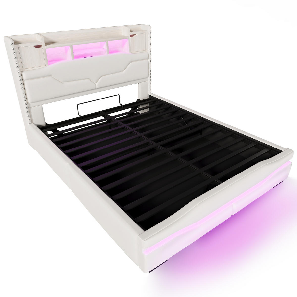 POLSTERBETT 160/200 cm Beige mit hydraulischem Stauraum und LED-Beleuchtung - Beige, Textil (160/200cm) - OKWISH