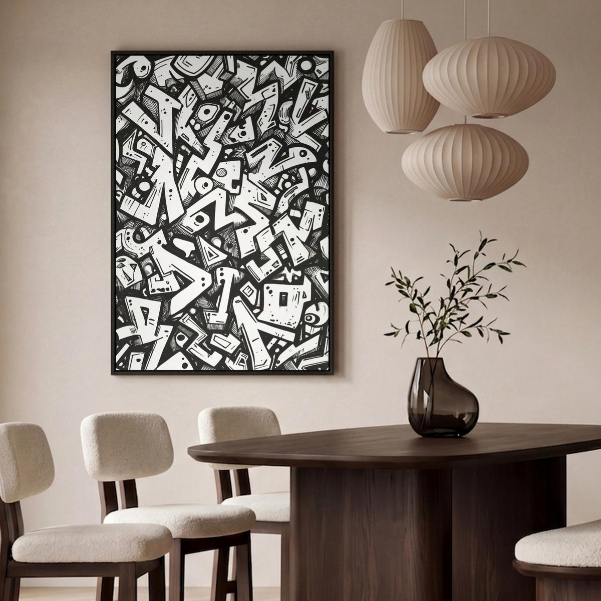 LEINWAND Bilder mit Rahmen - Formen - Buchstaben - Graffiti - Schwarz - 80x120 - Schwarz, Textil (80/120cm) - MuchoWow