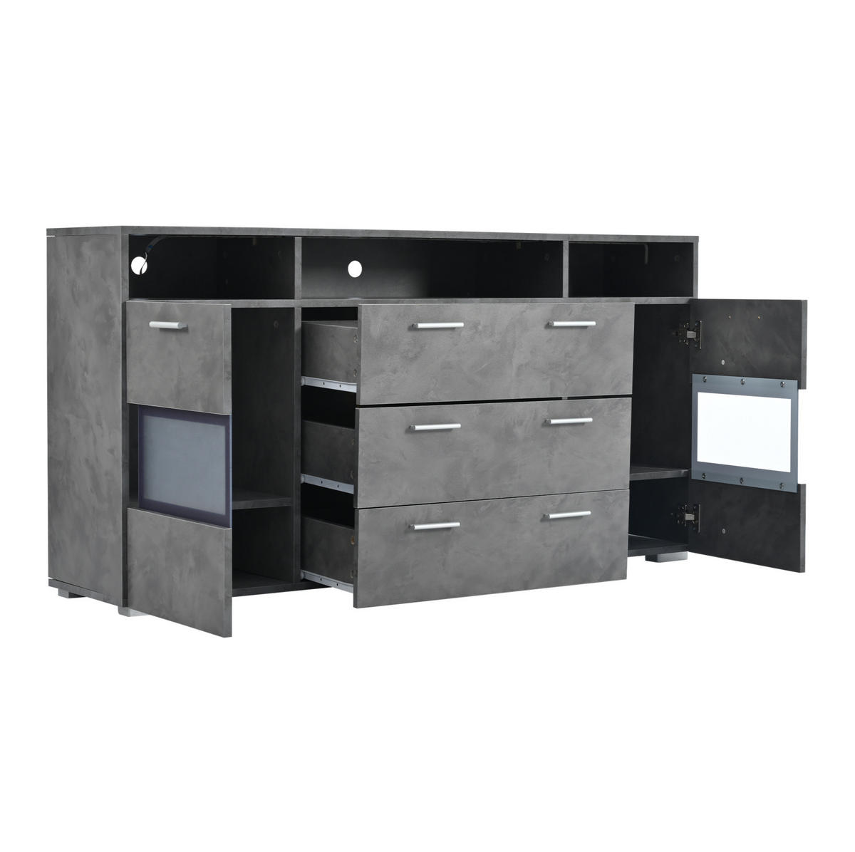 SIDEBOARD in Grau mit LED und transparenten Acryltüren, 2 Türen und 3 Schubladen, 140/33,5/72,5 cm，Grau - Grau, Holzwerkstoff (140/72.5/33.5cm) - Redom