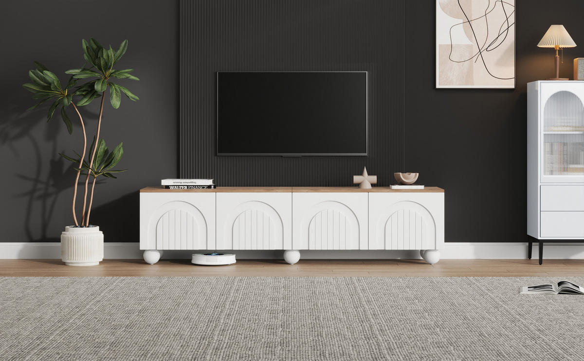 TV-SCHRANK 180/40/45 cm weiß Holzoptik mit 4 Türen und 6 kugelförmigen Metallbeinen - Weiß, Holzwerkstoff (180/45/40cm) - OKWISH