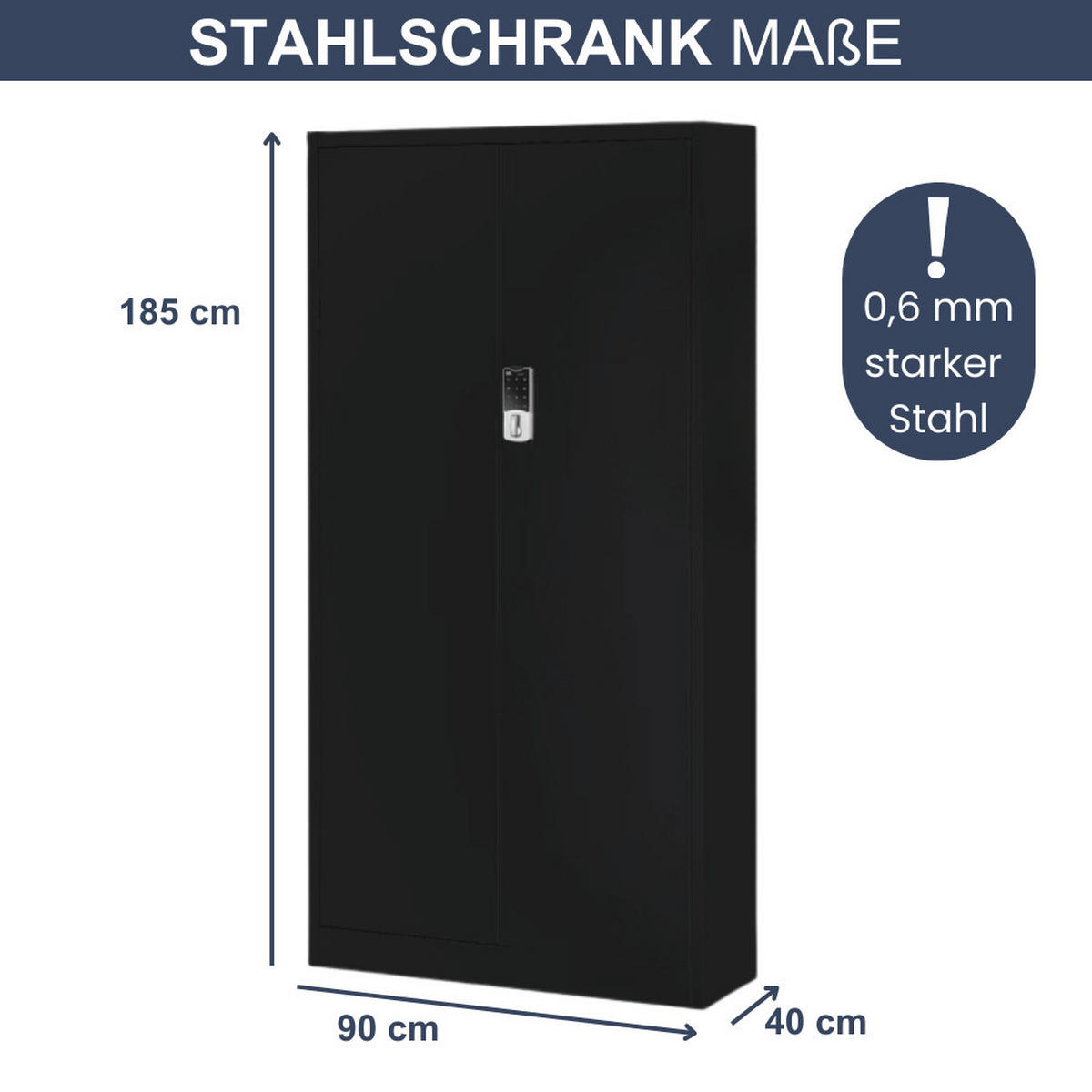 METALLSCHRANK abschließbar ODIS mit Zahlenschloss 185x90x40cm Schwarz - Schwarz, Metall (90/185/40cm) - DELUKE