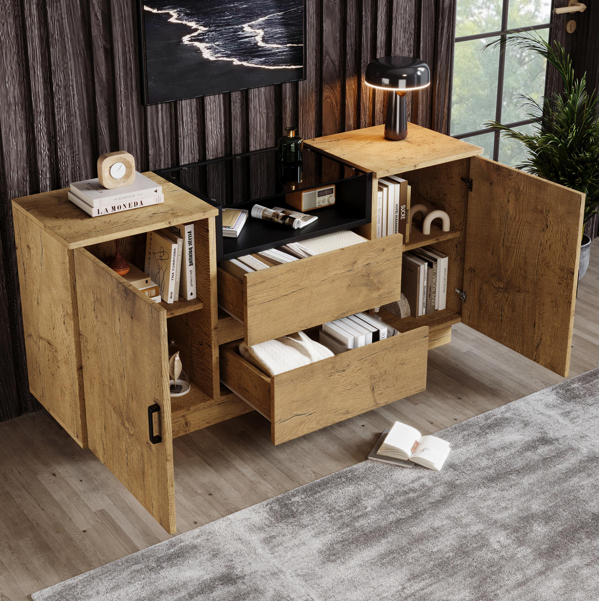 SIDEBOARD 140/40/70 cm in Eiche mit 2 Schubladen, ESG-Glas und offenen Fächern - Eichefarben, Glas (140/70/40cm) - Flora Grace