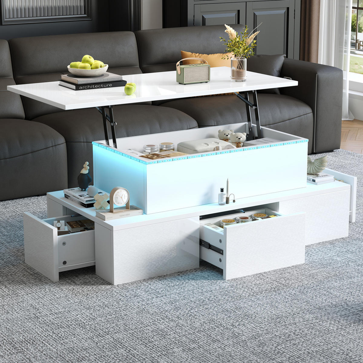 COUCHTISCH 100/50/40 cm weiß aus MDF mit LED und Stauraum - Weiß, Holzwerkstoff (100/50/40cm) - OKMYHOME