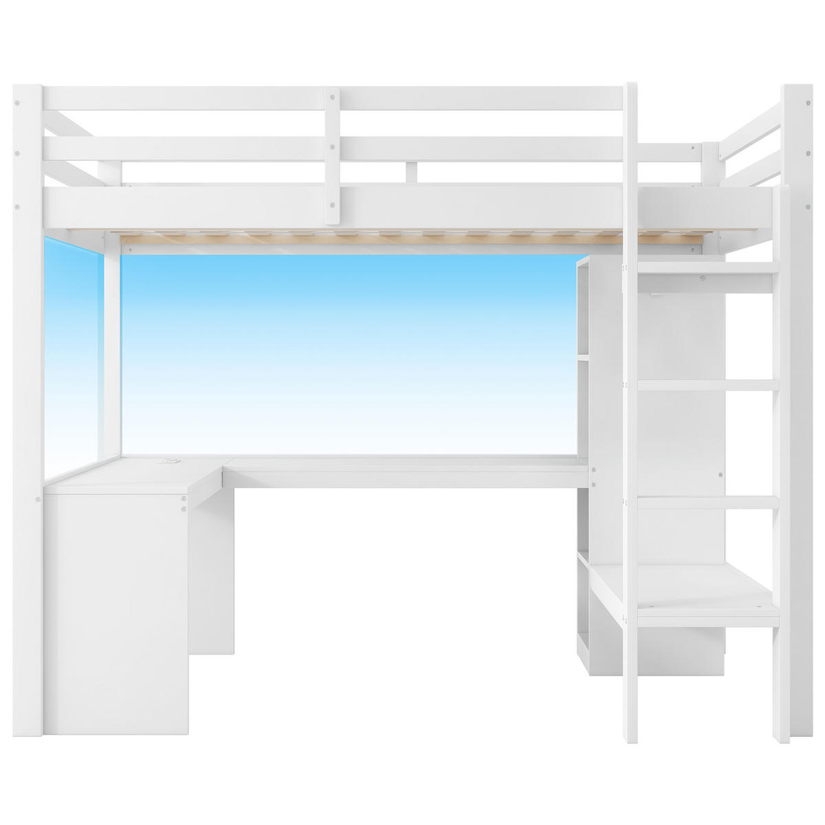 HOCHBETT 140/200 cm DE-03342, mit Schreibtisch, Multifunktionsregalen, LED und Kleiderschrank, in Weiß - Weiß, Holz/Holzwerkstoff (140/200cm) - ComfortXL