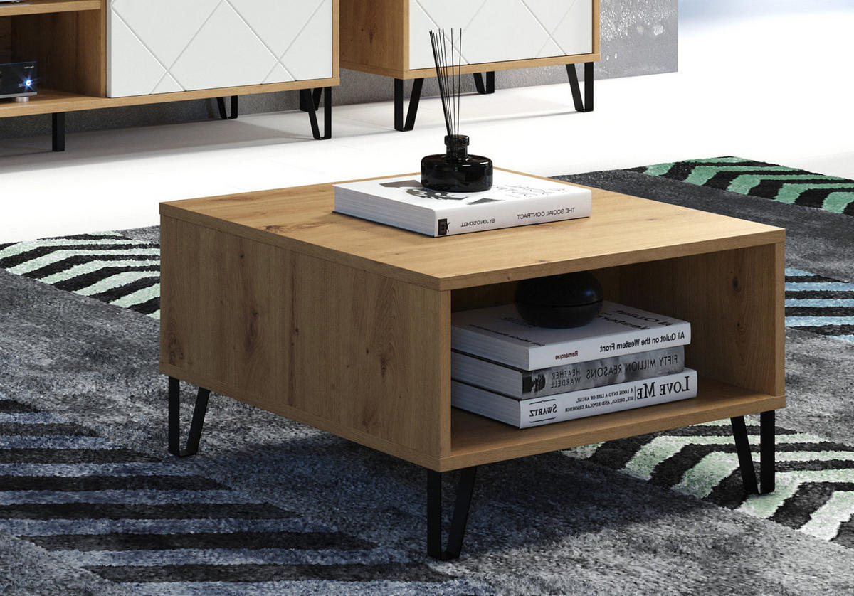 COUCHTISCH Eiche Artisan 60 x 60 cm quadratisch, Beistelltisch mit Ablage - Eichefarben/Schwarz, Holzwerkstoff/Metall (60/60/37cm) - Top.Furn