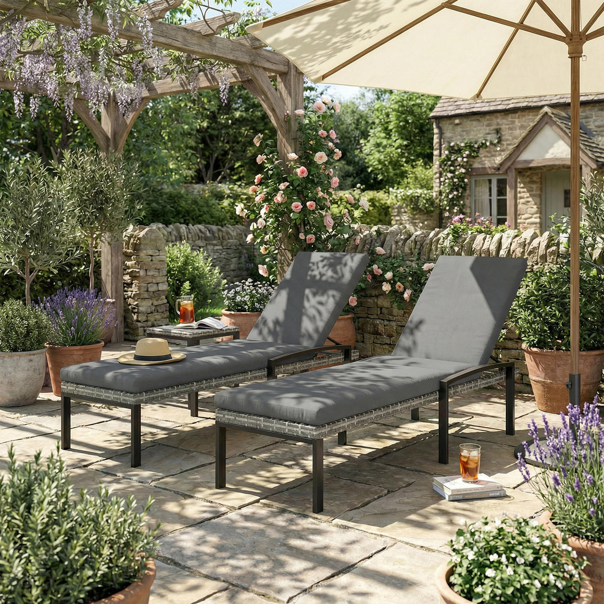 SONNENLIEGEN 2er Set DE-06766 5-fach verstellbar Hellgrau - Hellgrau, Kunststoff/Metall (59/45/200cm) - ComfortXL