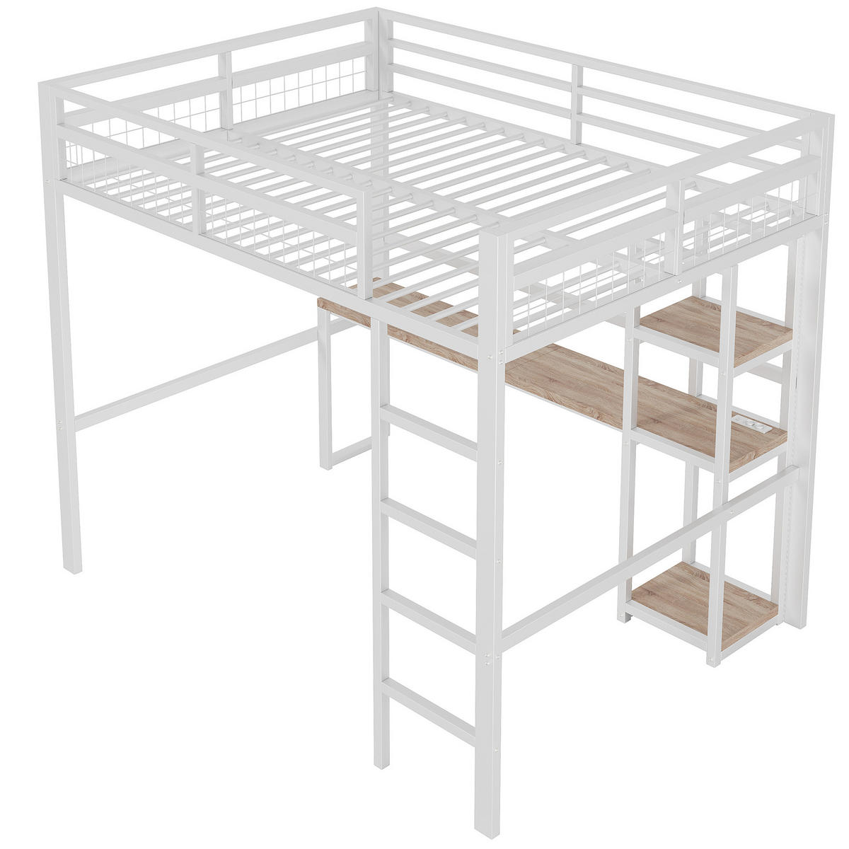 HOCHBETT 140/200 cm aus Metall/MDF mit Schreibtisch, Regalen und Steckdose mit USB-C Weiß - Weiß, Metall (140/200cm) - Modenvie